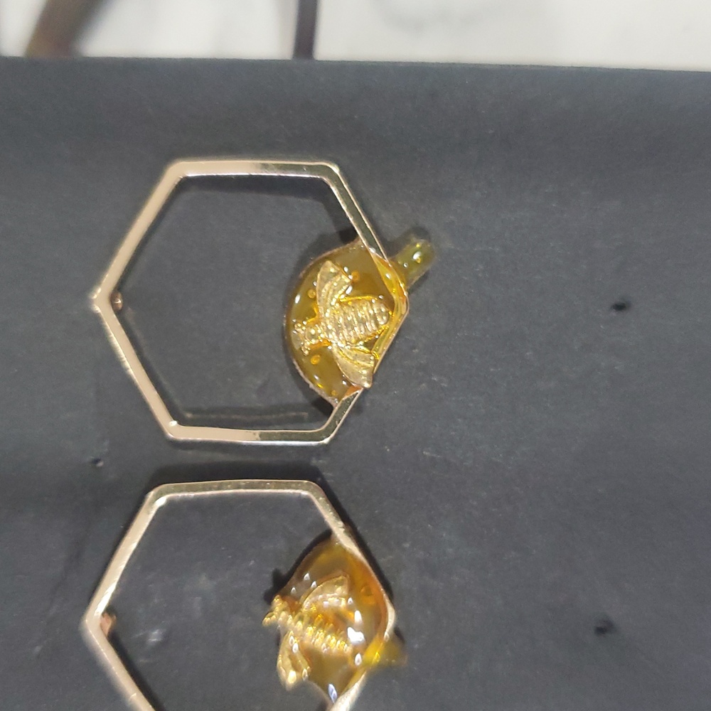 Hexagon Goldtone Bee Earrings - Picture 3 of 4